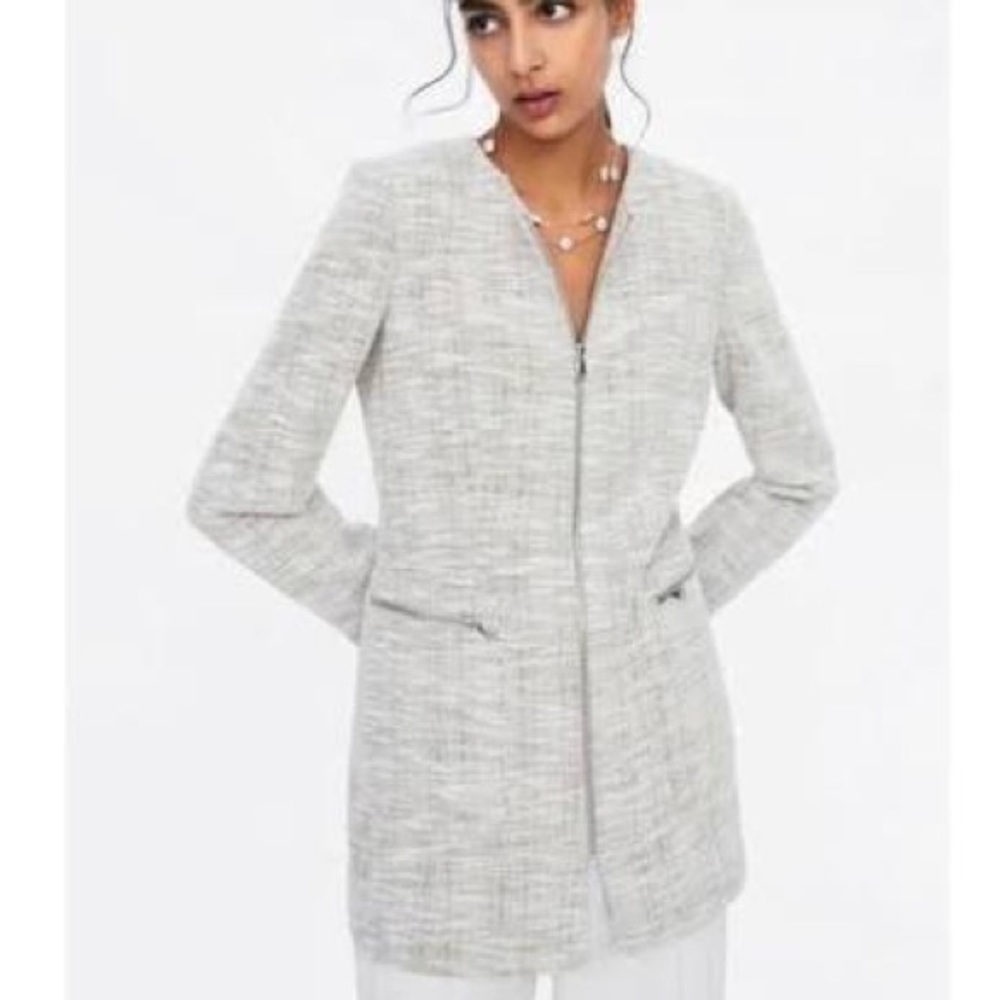 Zara Ivory Textured Zipper Coat Sz M